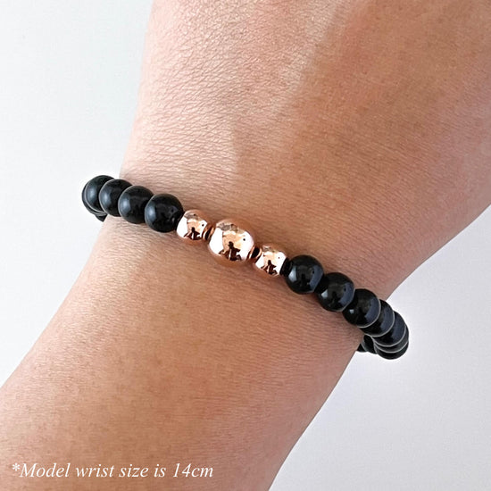 Load image into Gallery viewer, Rainbow Obsidian &amp;amp; 14k Rose Gold Trinity Beaded Bracelet

