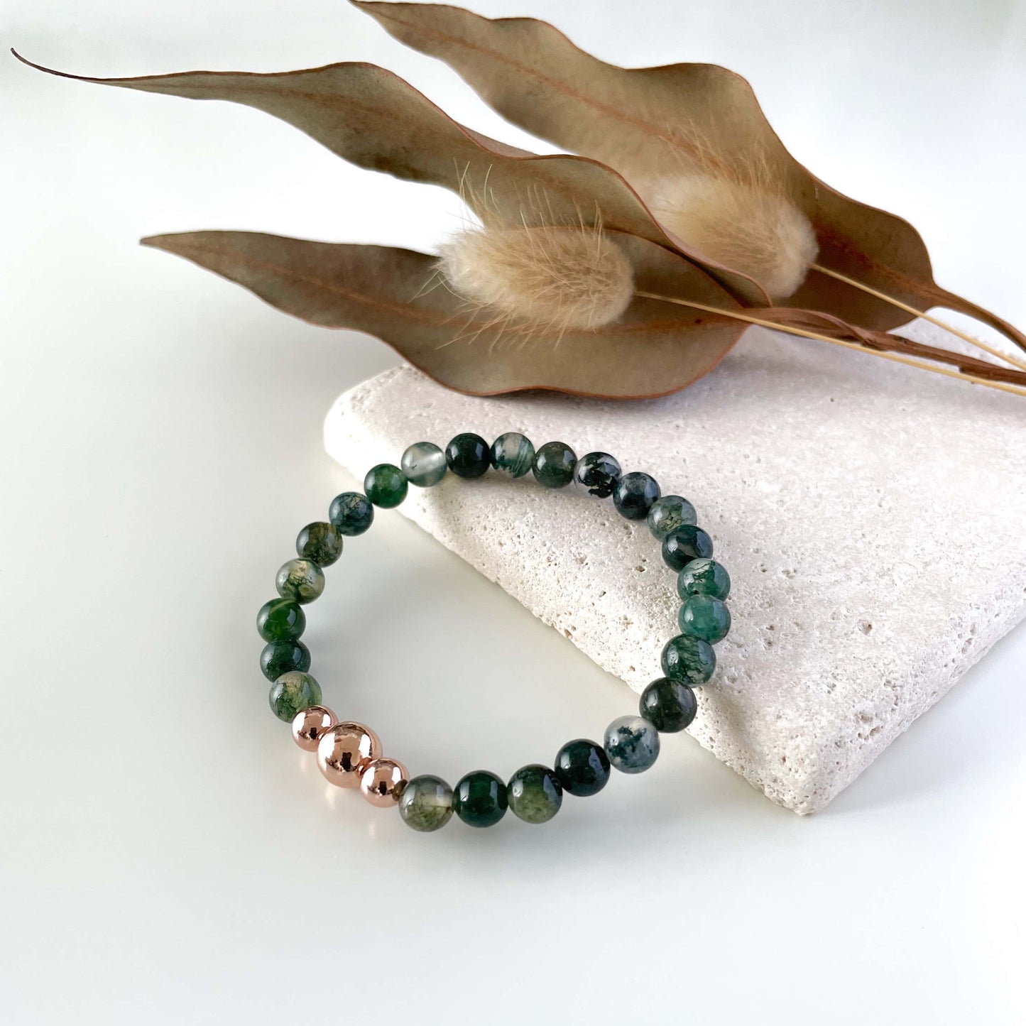 Load image into Gallery viewer, Moss Agate &amp;amp; 14k Rose Gold Trinity Beaded Bracelet
