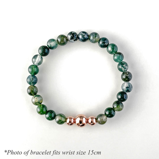 Load image into Gallery viewer, Moss Agate &amp;amp; 14k Rose Gold Trinity Beaded Bracelet
